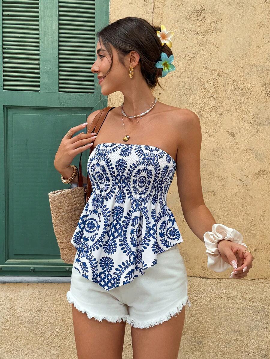 Women's Vacation Plant Print Tube Top Crop Top Summer Holiday Resort