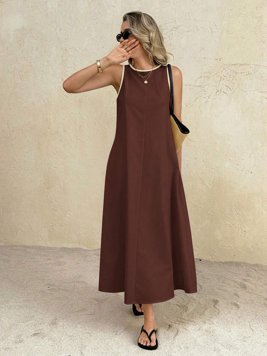 Women's Casual Loose Sleeveless Round Neck Long Dress Brown Summer Dress