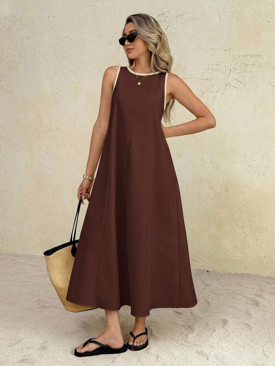 Women's Casual Loose Sleeveless Round Neck Long Dress Brown Summer Dress