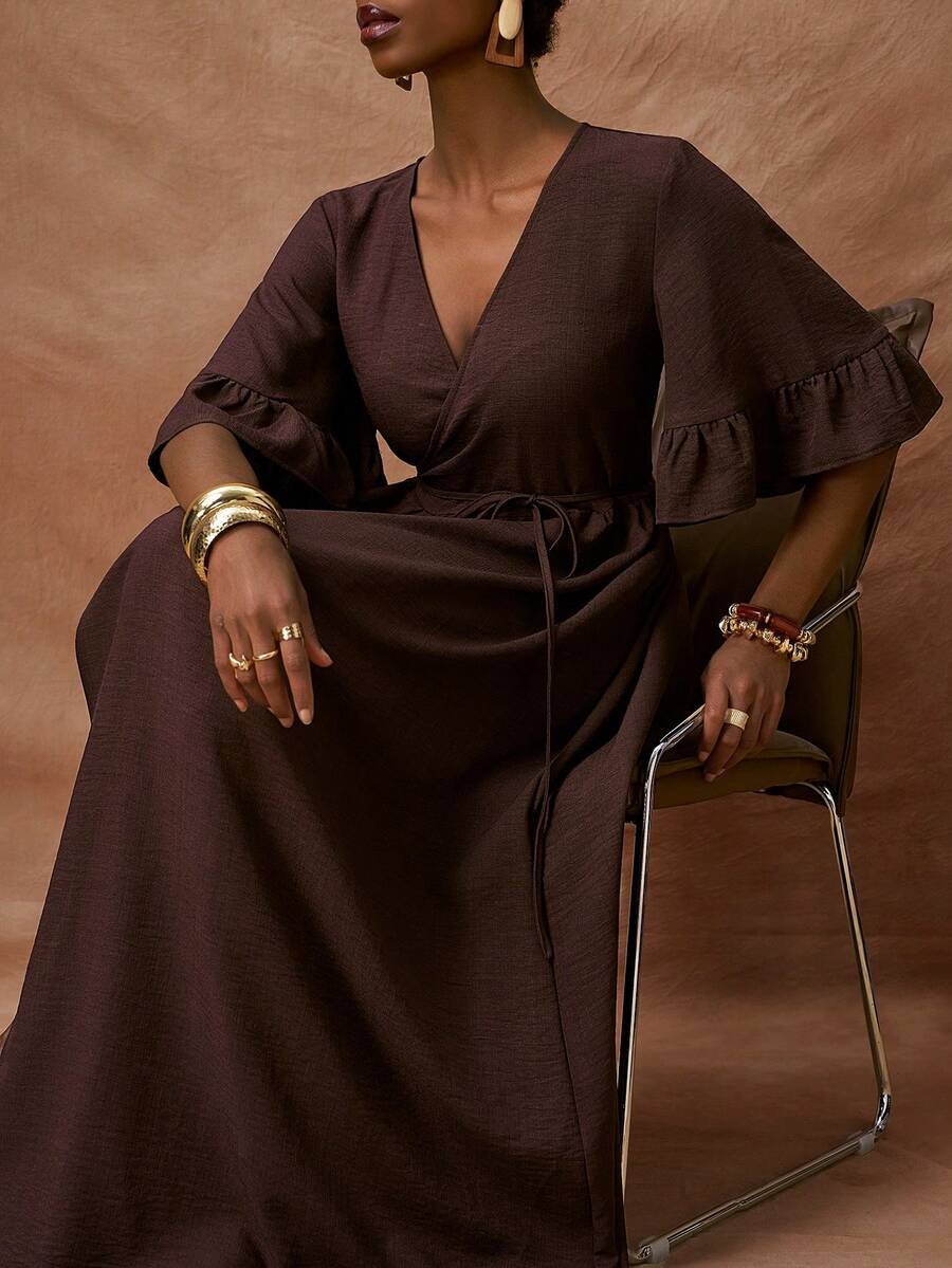 Brown Belted Wrap Maxi Dress