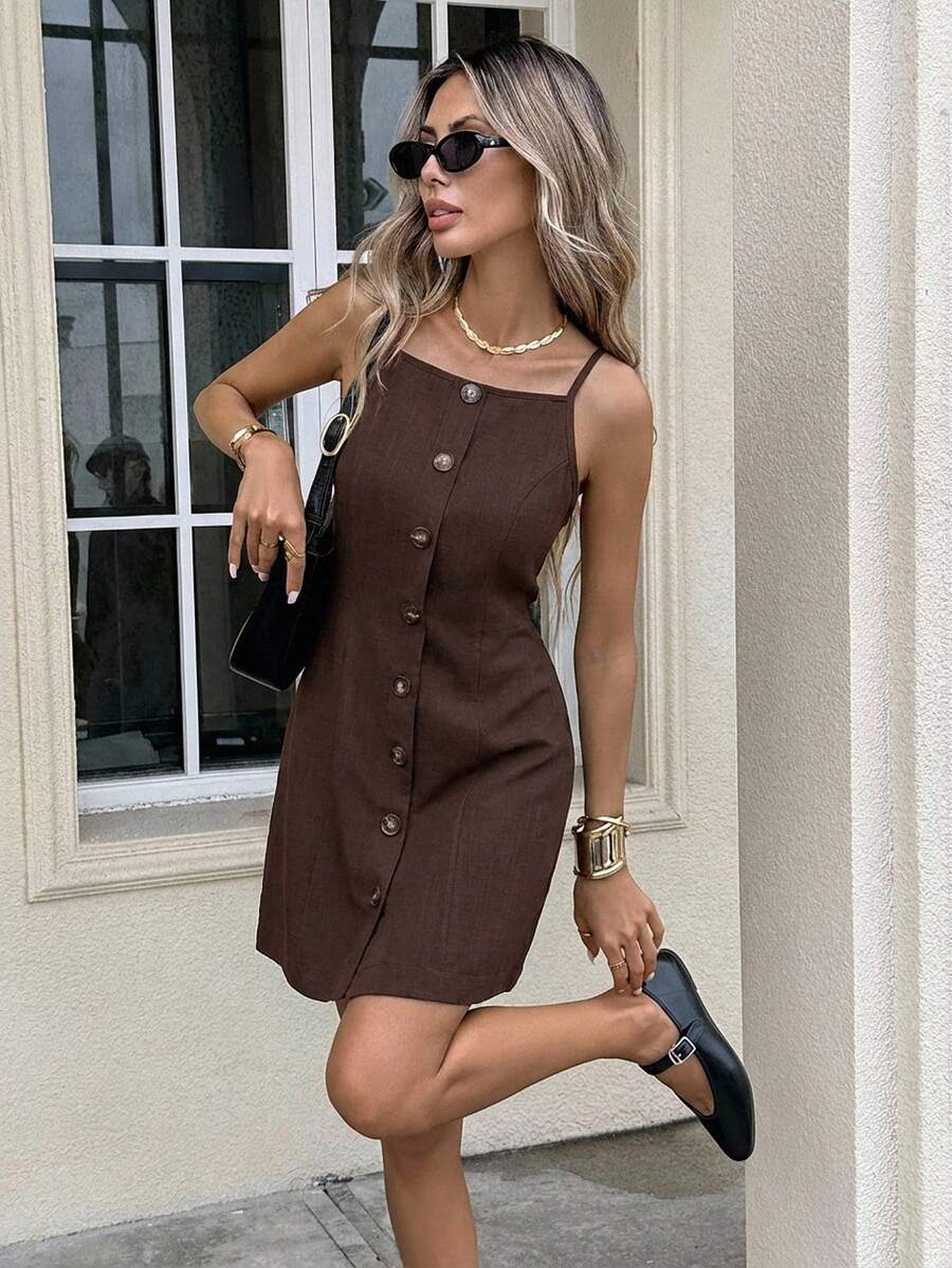 Women's Front Button Casual Camisole Mini Dress, Summer Dresses For Women
