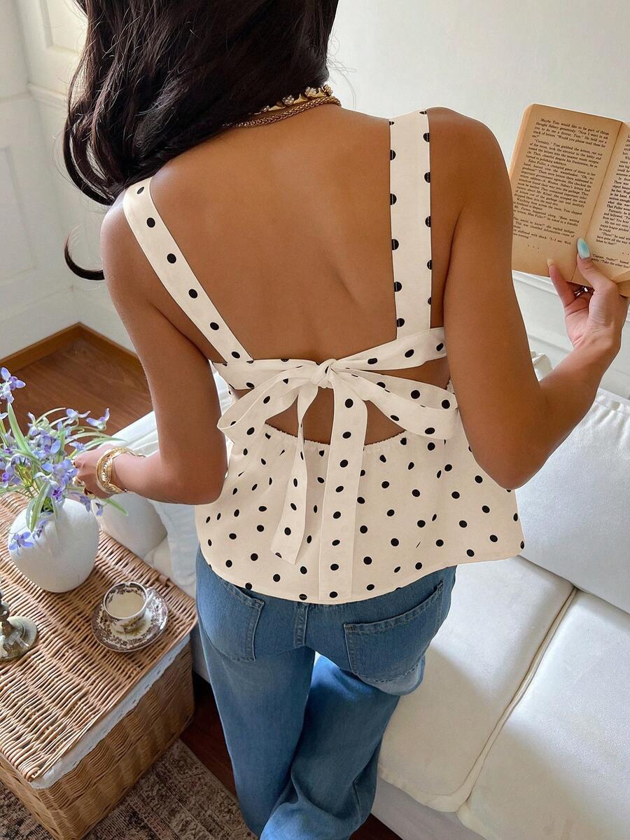 Polka Dot Print Backless Tie Camisole Top