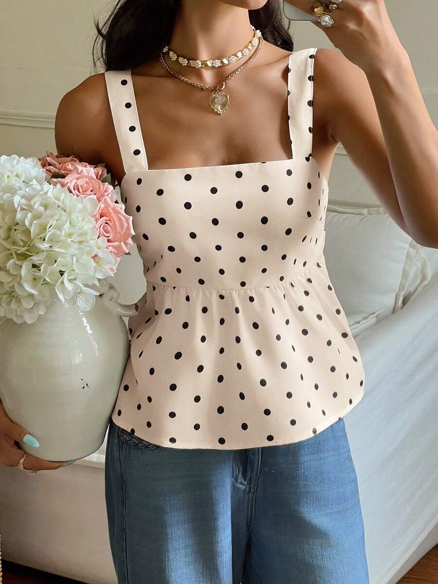 Polka Dot Print Backless Tie Camisole Top