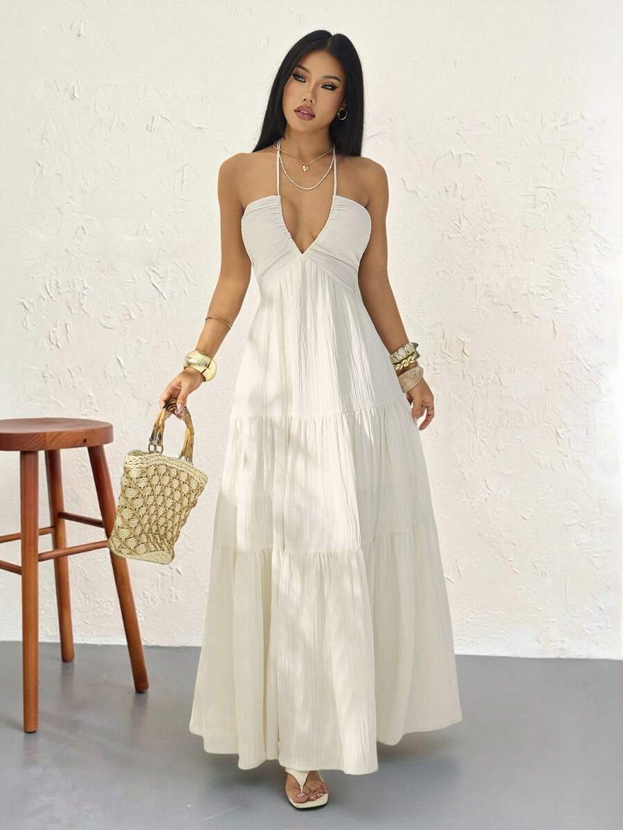Tall Women's White Summer Boho Beach Holiday Holiday V-Neck Backless A-Line Halter Dress,Floral Printed Pleated Tea Party Graduation Dress For Hawaii