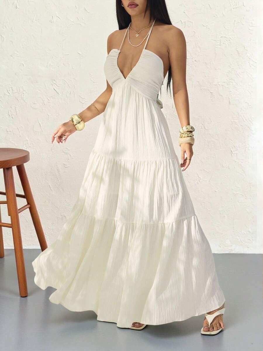 Tall Women's White Summer Boho Beach Holiday Holiday V-Neck Backless A-Line Halter Dress,Floral Printed Pleated Tea Party Graduation Dress For Hawaii