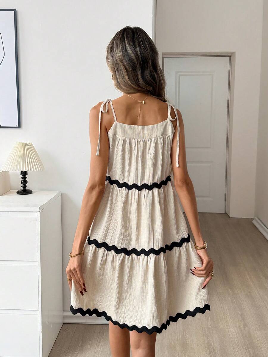 Rickrack Trim Tiered Mini Dress, Beige Tie-Strap Cami Style with Square Neck, Lightweight Crinkle Fabric for Summer