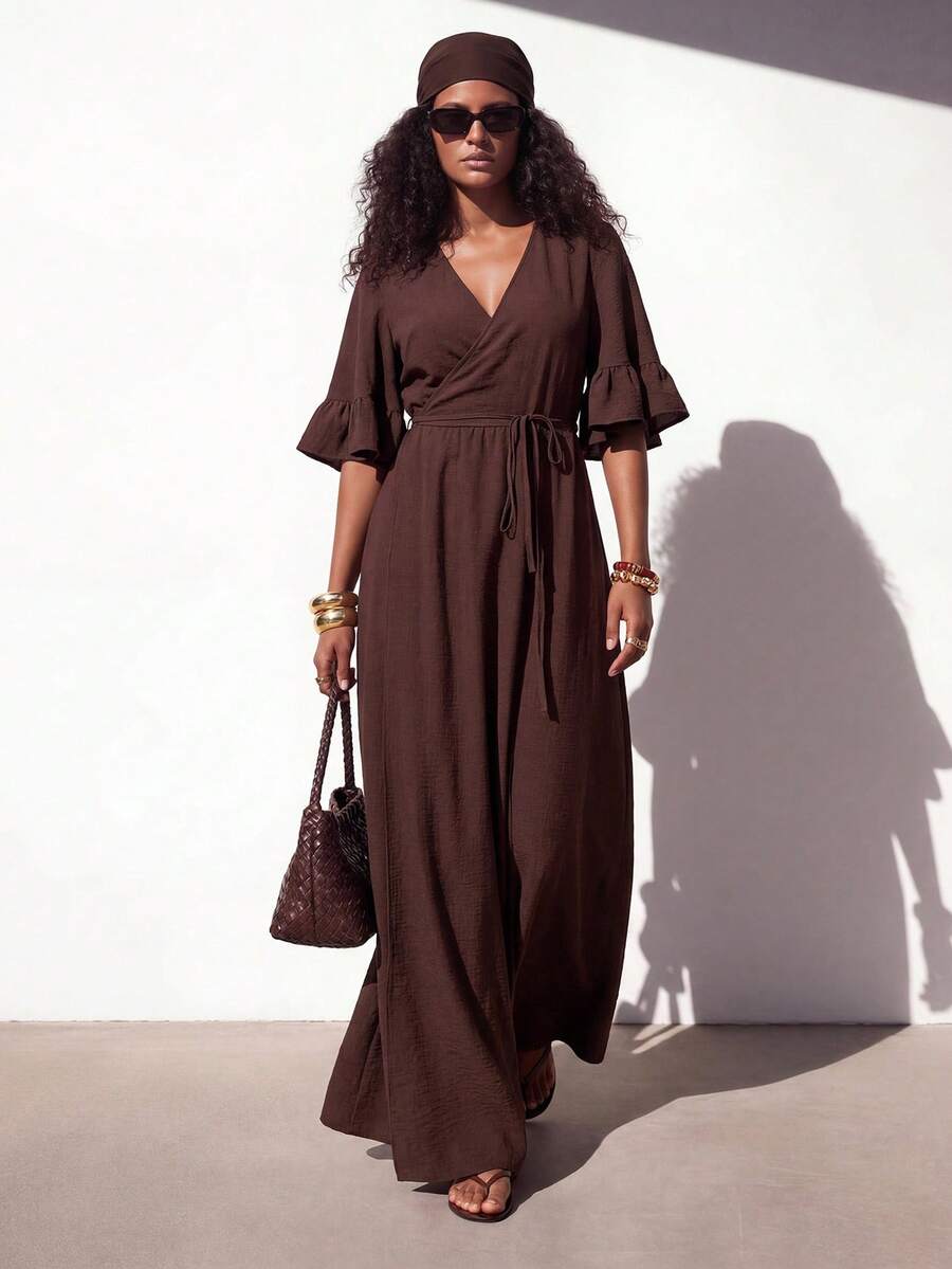 Brown Belted Wrap Maxi Dress