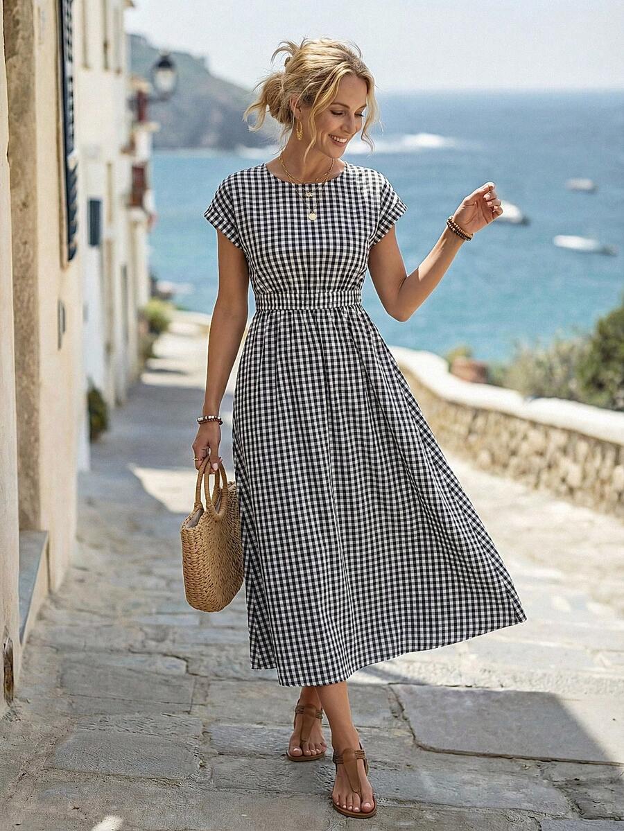Women's Black & White Gingham Cap Sleeve Midi Dress, Round Neck Waisted A-Line Casual Sundress For Summer Vacation