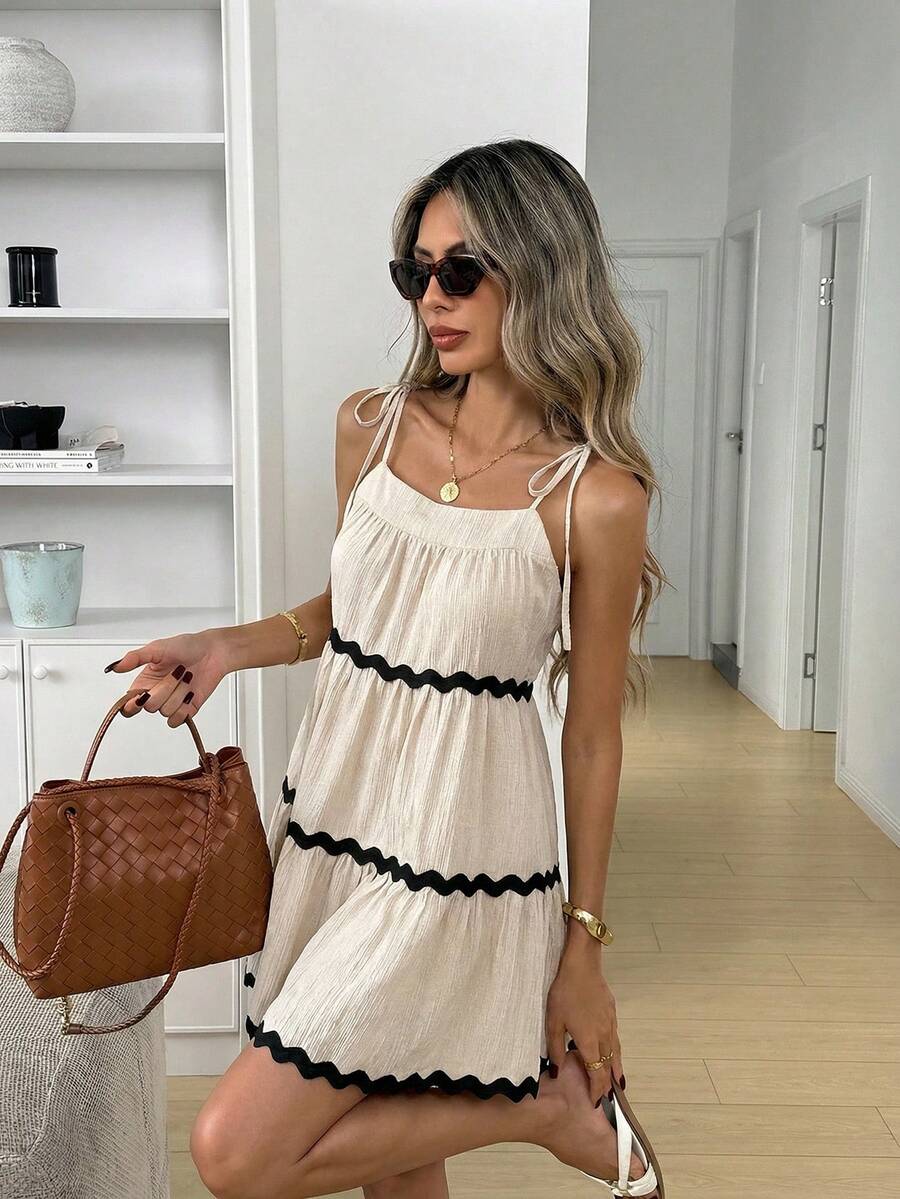 Rickrack Trim Tiered Mini Dress, Beige Tie-Strap Cami Style with Square Neck, Lightweight Crinkle Fabric for Summer