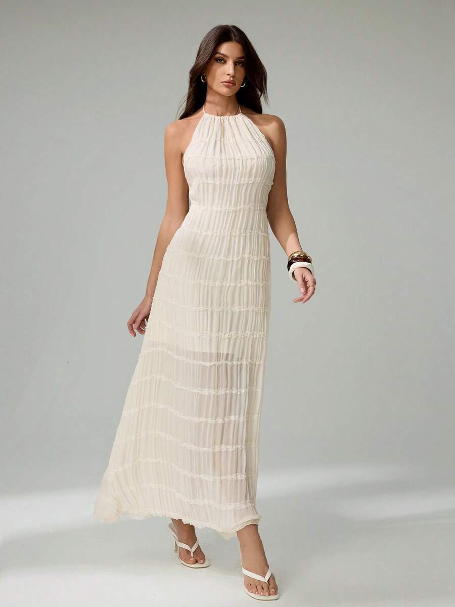 Tall Elegant Halter Neck Slim Fit Textured Chiffon Maxi Dress For Women Vacation Beach Outfit