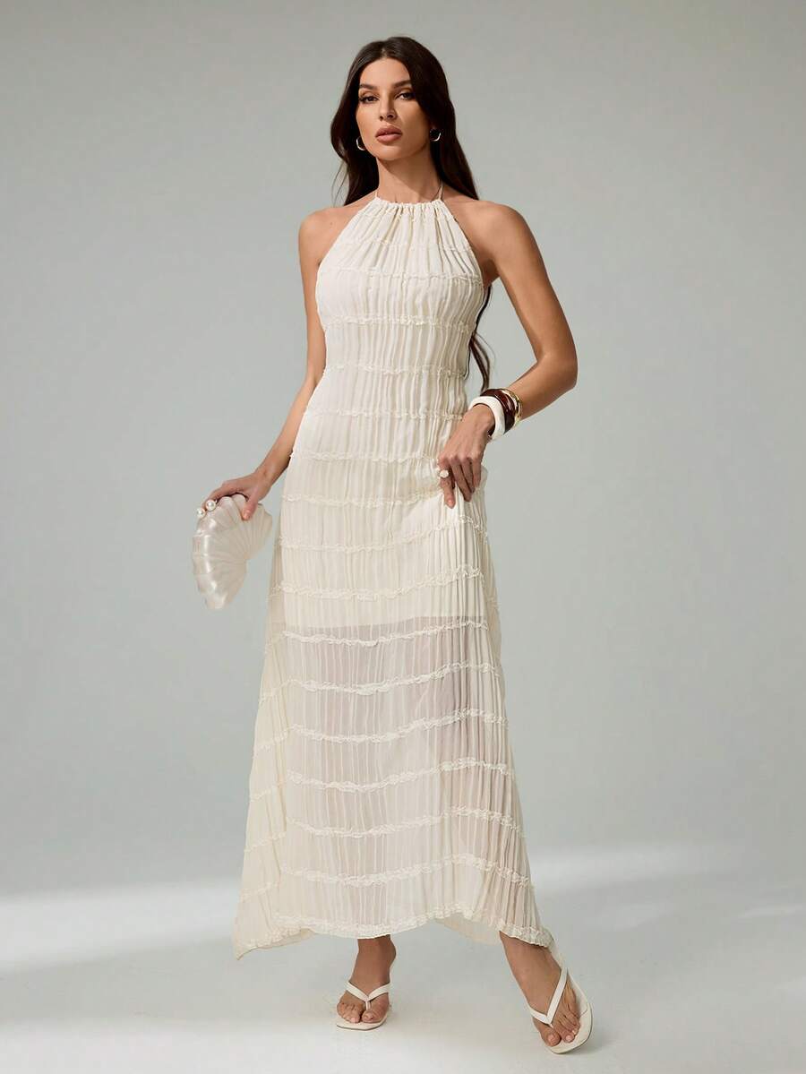 Tall Elegant Halter Neck Slim Fit Textured Chiffon Maxi Dress For Women Vacation Beach Outfit