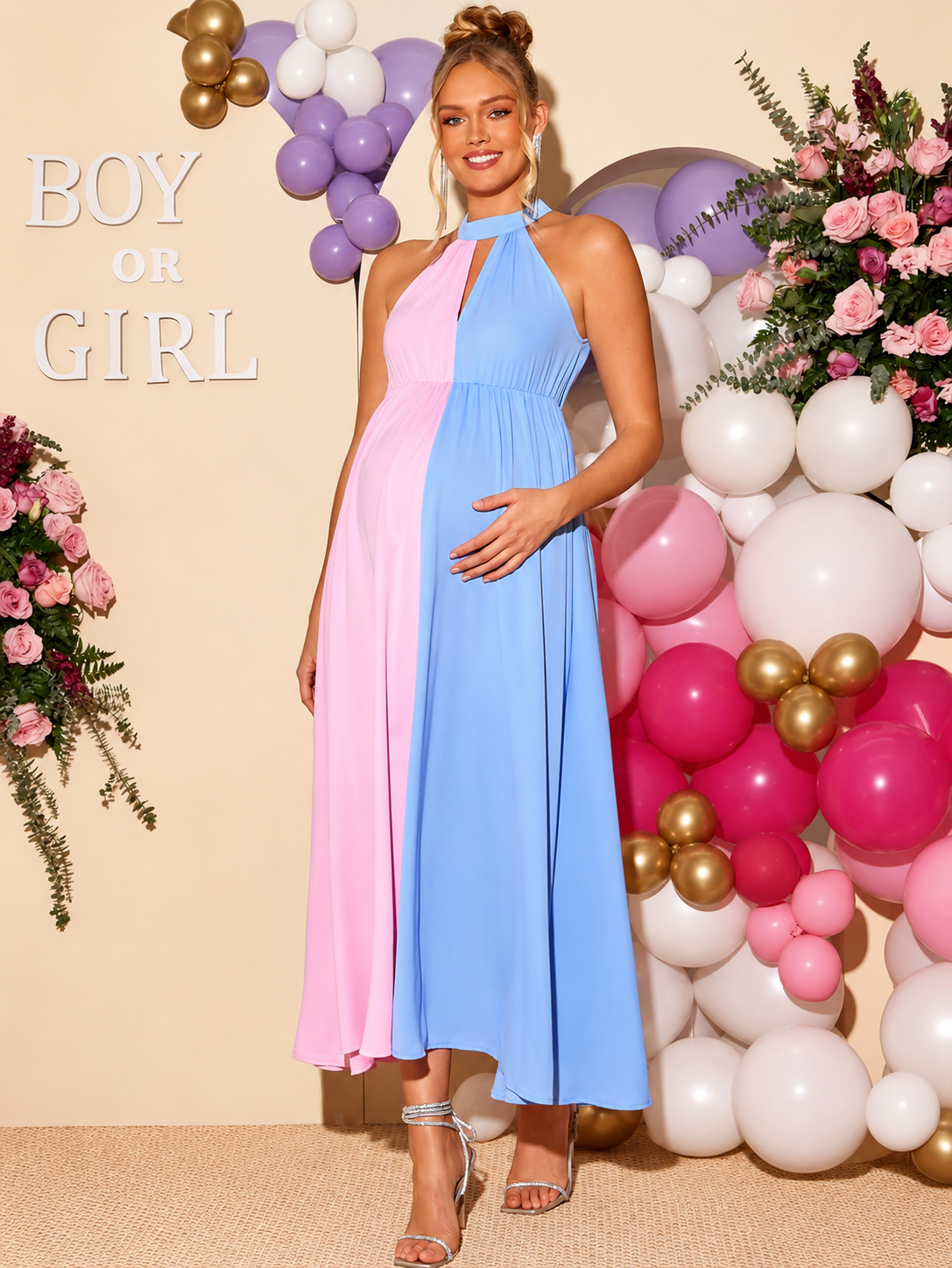 Women's Maternity Halter Neck Colorblock Maxi Dress, Pink & Blue Split Color Sleeveless Keyhole A-Line Dress For Gender Reveal & Baby Shower