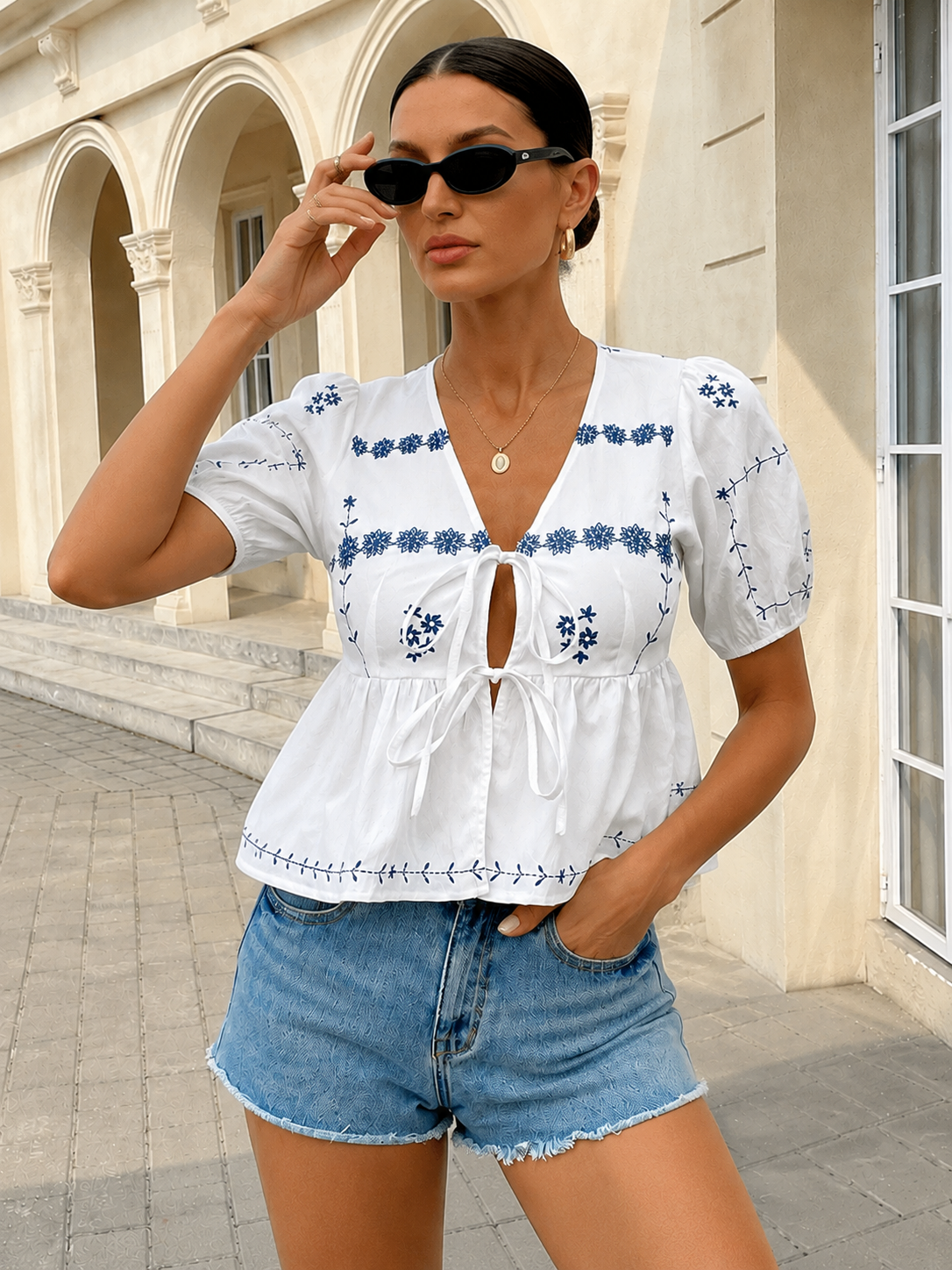 Azurée Bloom Embroidered Peplum Top