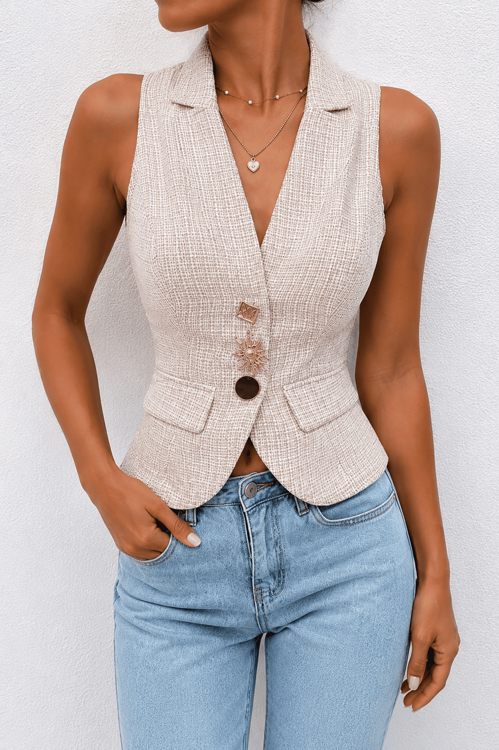 DAZY Metal Buckle Decor Waist Cinched V-Neck Sleeveless, Elegant & Formal For Women In Summer