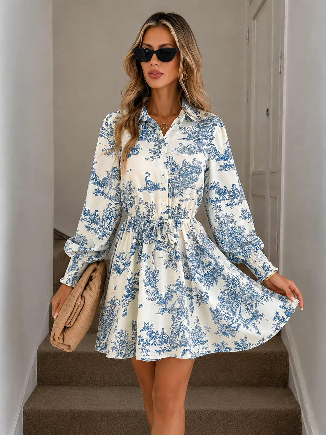 Blue & White Floral Printed Half Placket Short Sleeve Elasticated Waist A-Line Short Dress