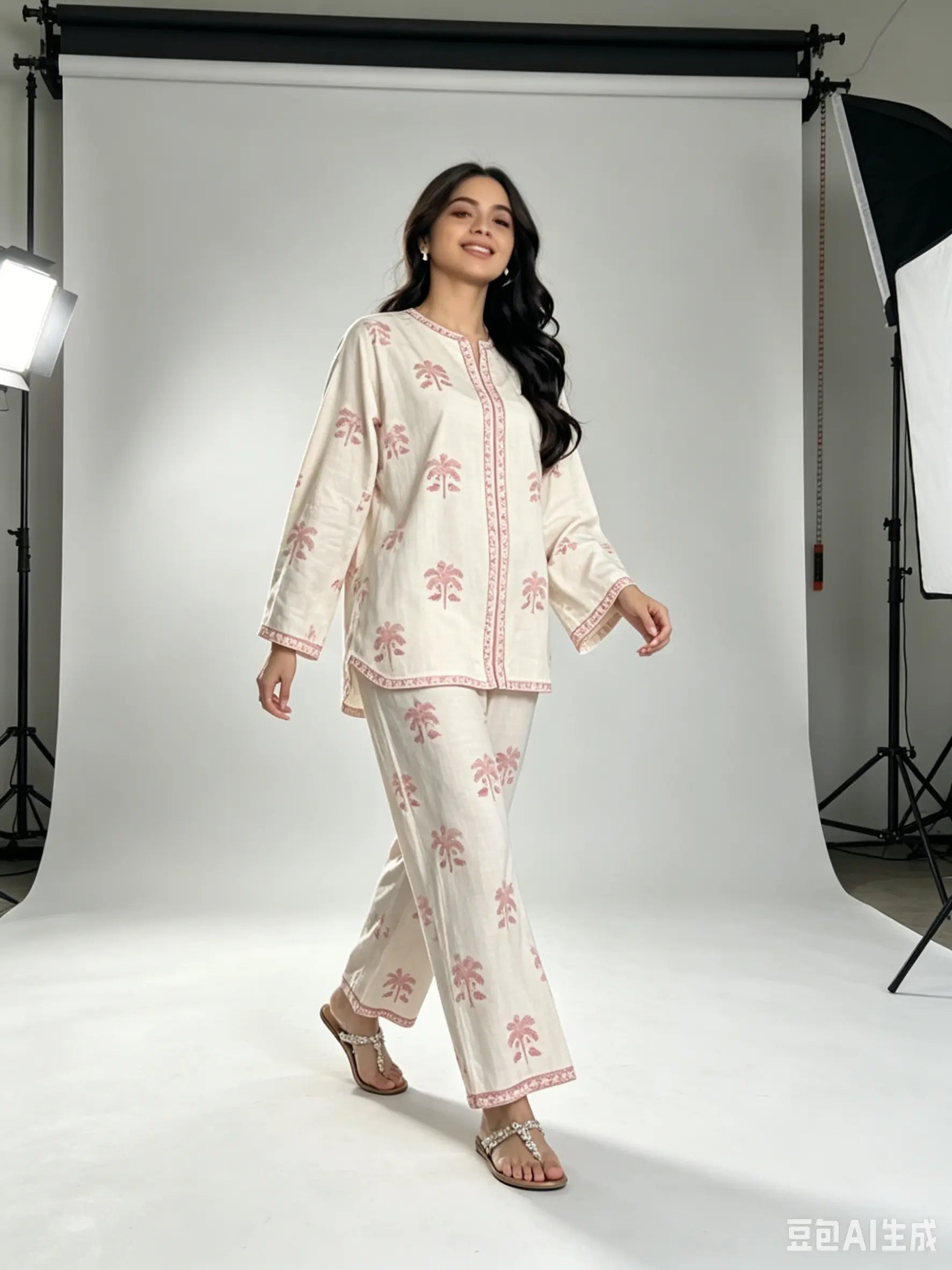 Off-White Palm Tree Block Print Co-ord Set — Kurta & Palazzo