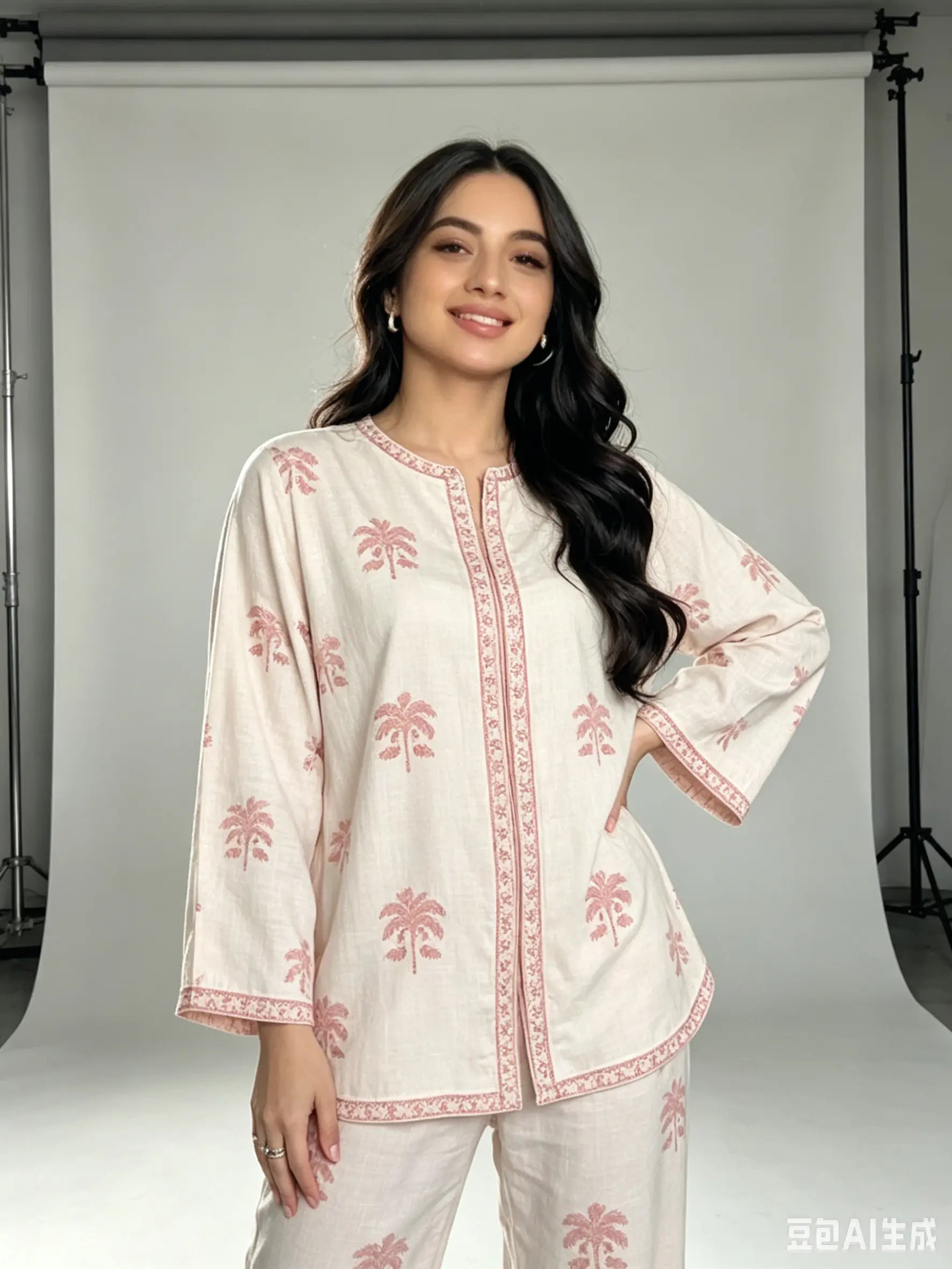 Off-White Palm Tree Block Print Co-ord Set — Kurta & Palazzo