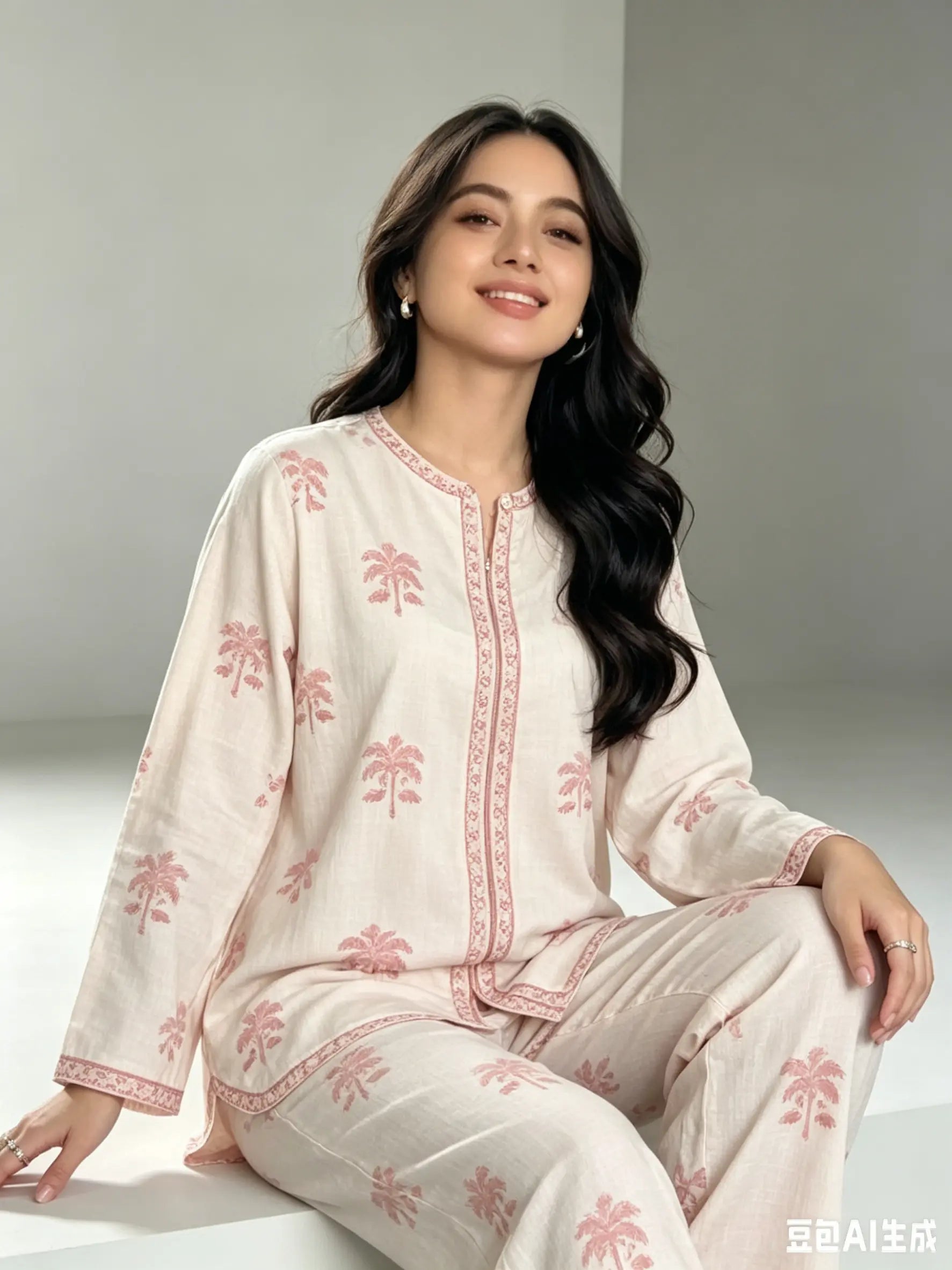Off-White Palm Tree Block Print Co-ord Set — Kurta & Palazzo