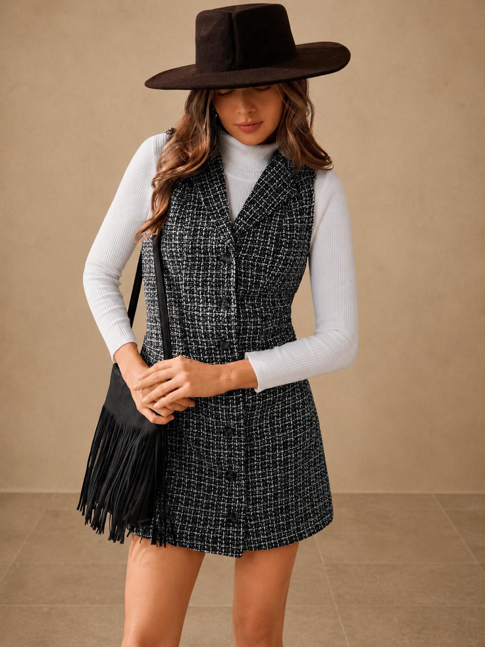 Women's Sleeveless Tweed Plaid Vest Dress, Button-Front Notched Collar Mini Dress, Elegant Fall & Winter Layering Piece