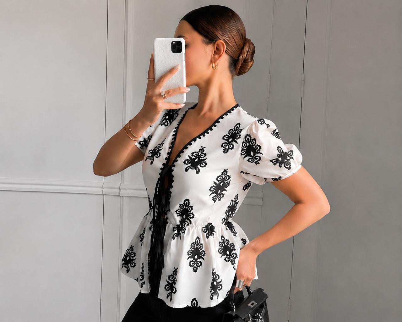 Noir Amélie Embroidered Peplum Top