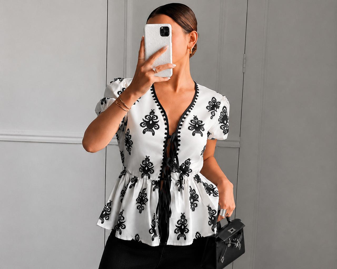 Noir Amélie Embroidered Peplum Top