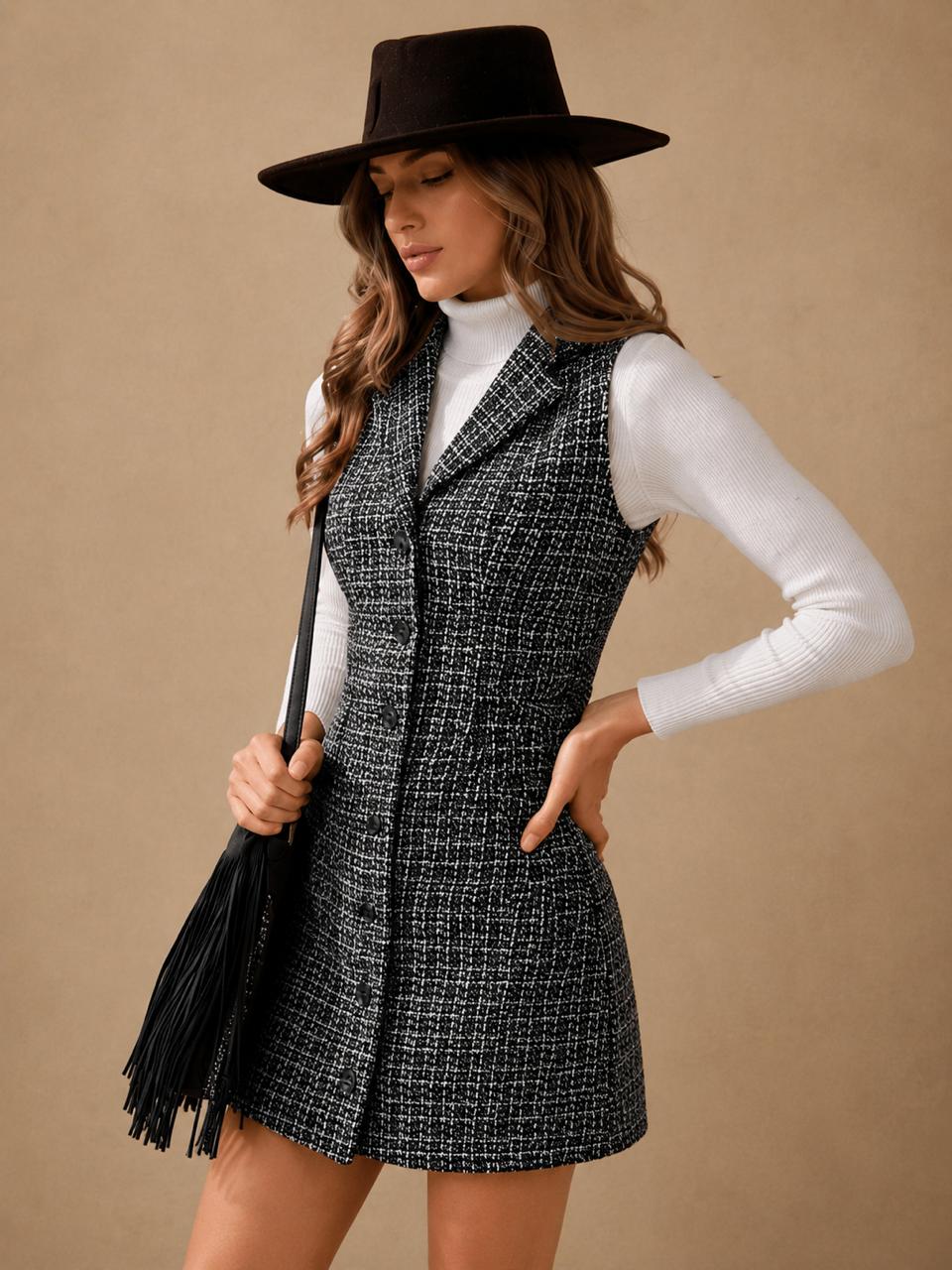 Women's Sleeveless Tweed Plaid Vest Dress, Button-Front Notched Collar Mini Dress, Elegant Fall & Winter Layering Piece