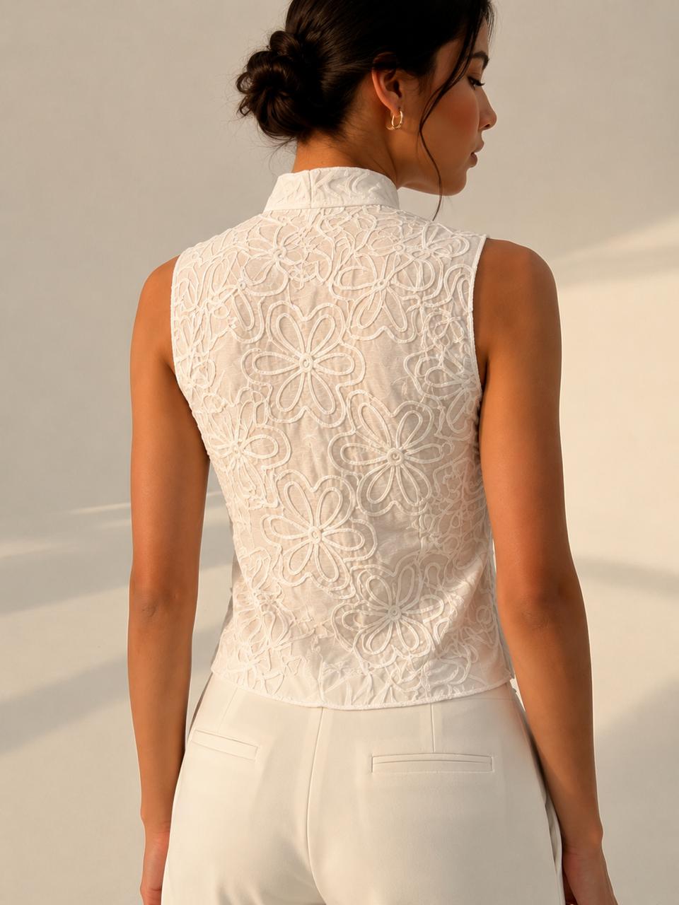 Floral Embroidered Tie-Front Crop Top