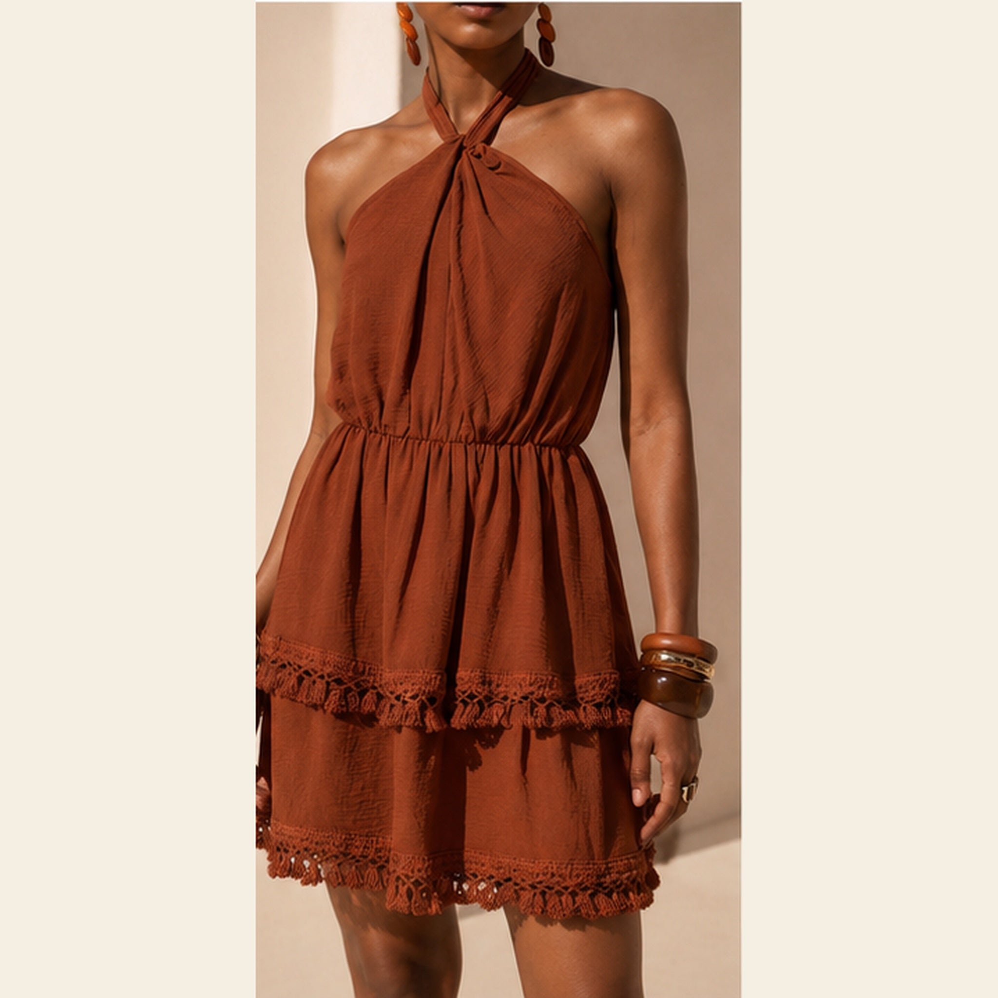 Rust Brown Summer Boho Vacation Women's Halter Neck Tie Mini Dress,Holiday Loose-Fitting Double-Layer Ruffle Tassel Ribbon Splicing Casual Dress