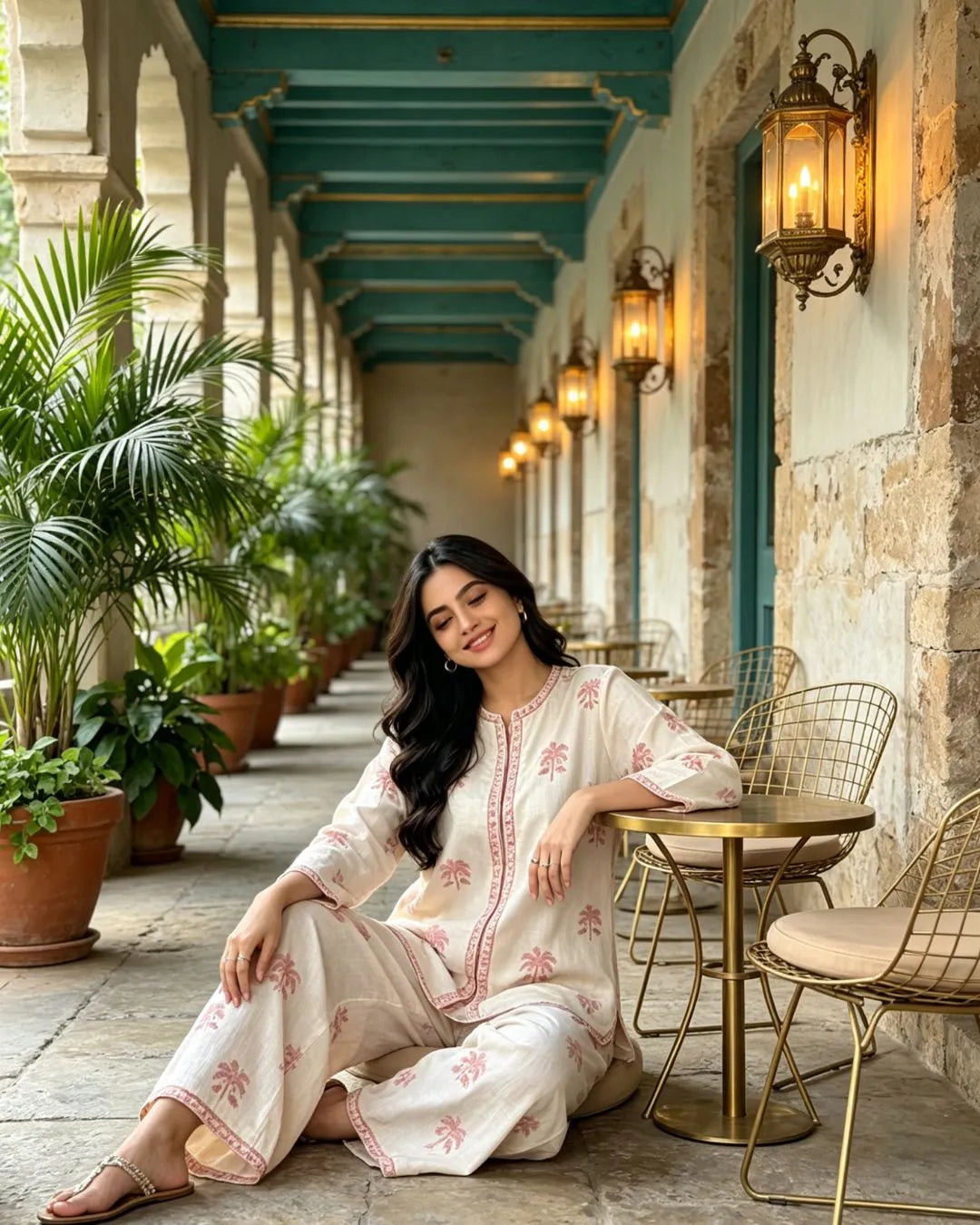 Off-White Palm Tree Block Print Co-ord Set — Kurta & Palazzo