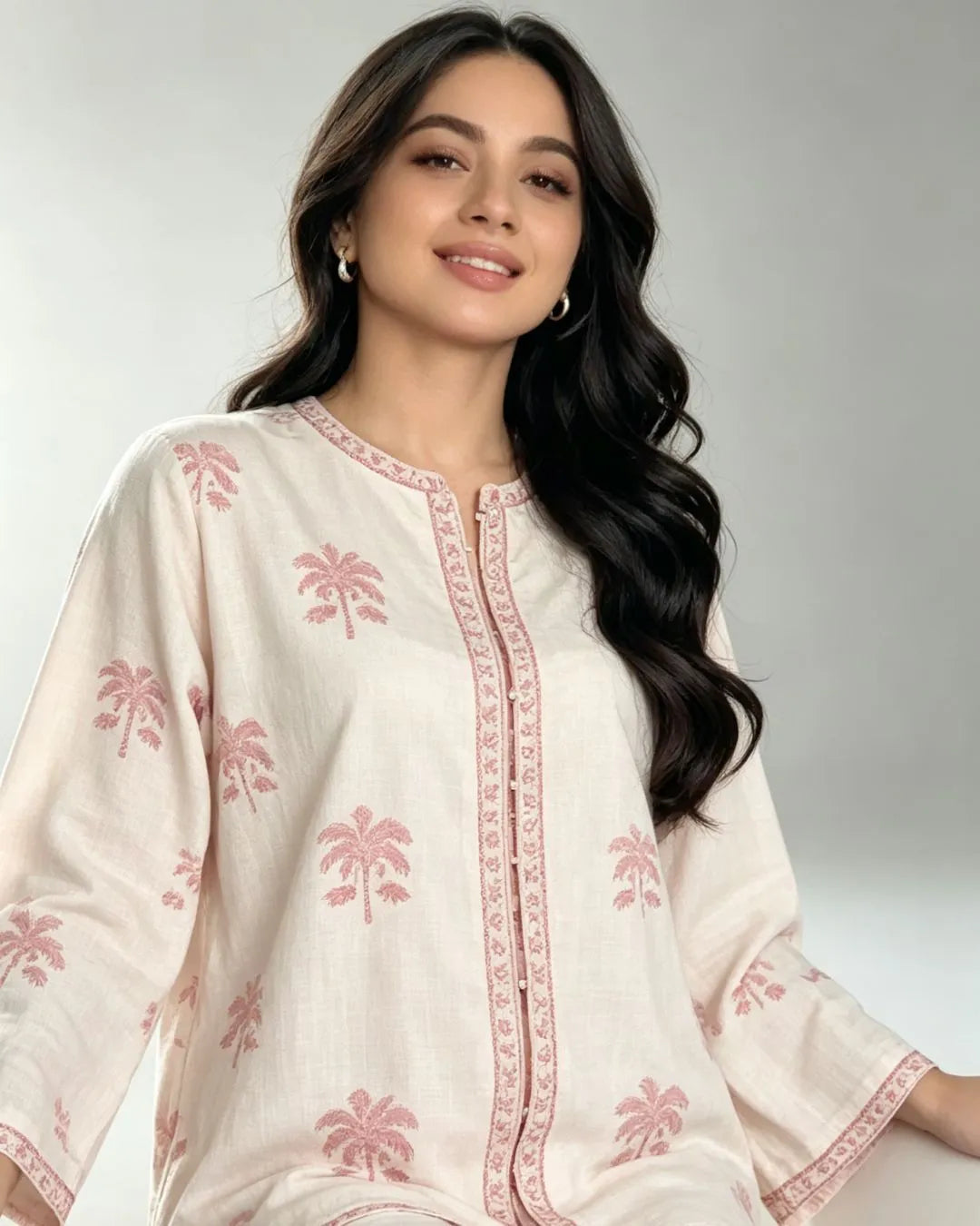 Off-White Palm Tree Block Print Co-ord Set — Kurta & Palazzo